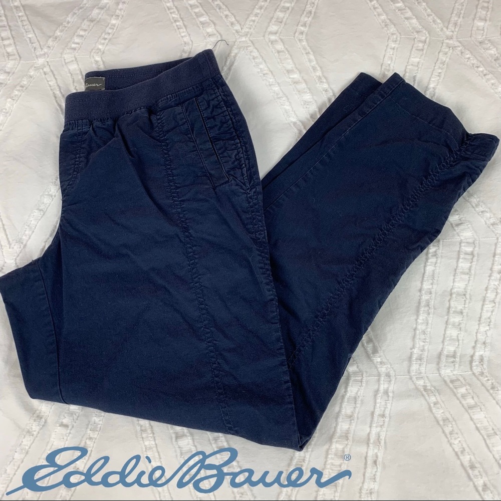Eddie Bauer Kick Back Twill Pants Navy Blue Pull On Mid Rise‎ Womens